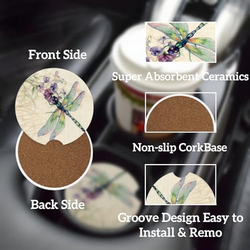 Ceramic Car Cup Coasters 2PCS - Dragonfly - color: Dragonfly