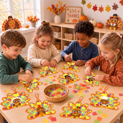 Renbuzhu 48PCS Thanksgiving Crafts Bulk: Cute Turkey Paper Suncatchers DIY Kit for Fall Activities Decorations, Window Stained Glass Effect Art Supplies - style: cute turkey crafts