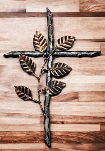 12” Metal Wall Mount Cross – Floral Olive Branch – Holy Celtic Garden Crucifix Silver & Copper Finish, Modern Rustic Jesus Art Décor