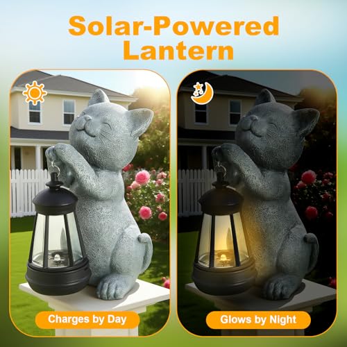 Solar Cat Garden Statue with LED Light - Cute Cat Figurine for Outdoor Decor, Weatherproof Resin Night Light for Yard Patio Lawn, Gift for Cat Lovers Women Mom Grandma