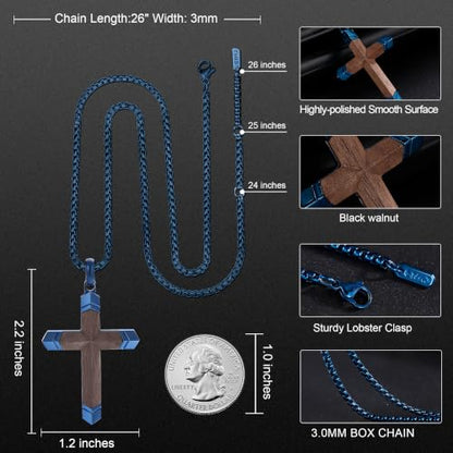 Wooden Cross Necklace for Men with Stainless Steel Adjustable Chain 24-26in, Christian Wood Crucifix Pendant Gift for Him - style: Blue Ebony
