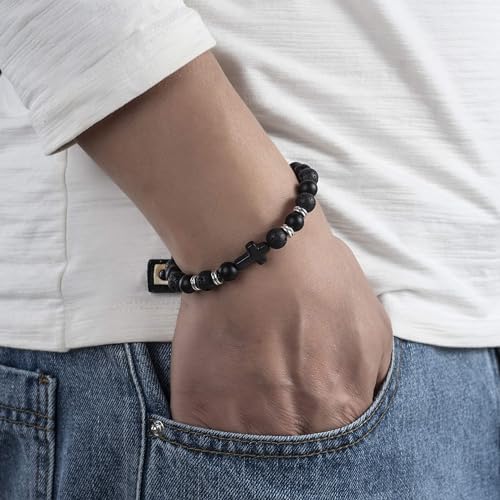 Softones 4PCS Cross Beads Bracelet for Men Women 8mm Healing Lava Stone Stretch Bracelets,7.5" - color: E:4Pcs a set