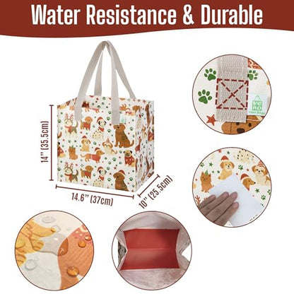 VENO 4 Pack Large Grocery Bag Reusable Shopping Bags with Hard Bottom - color: Holiday Pups - 4 Pack