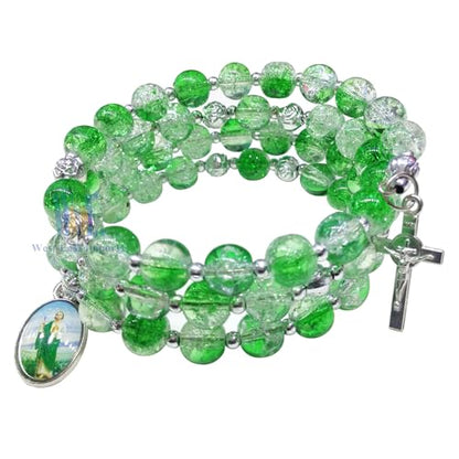 12 pcs Religious Wrap Rosary Bracelet, Green Beads with Cross and St. Jude Medal Charm, Memorial Prayer Favor - color: JA010S-grn