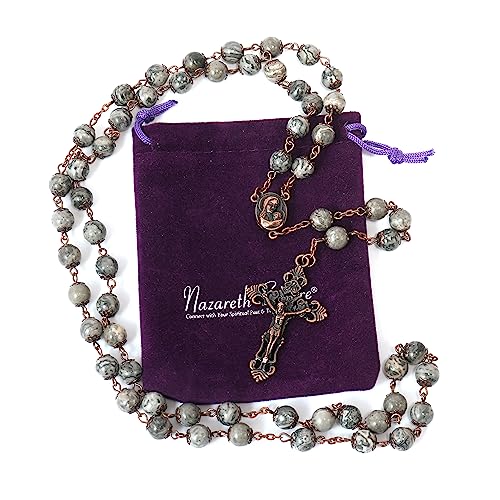 Nazareth Store Natural Stone Beads 8mm Rosary Necklace Antique Copper Design Holy Soil Medal & Cross in Velvet Bag - Catholic Rosaries Terra Santa Jerusalem Collection - color: Map Stone