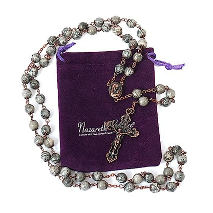 Nazareth Store Natural Stone Beads 8mm Rosary Necklace Antique Copper Design Holy Soil Medal & Cross in Velvet Bag - Catholic Rosaries Terra Santa Jerusalem Collection - color: Map Stone