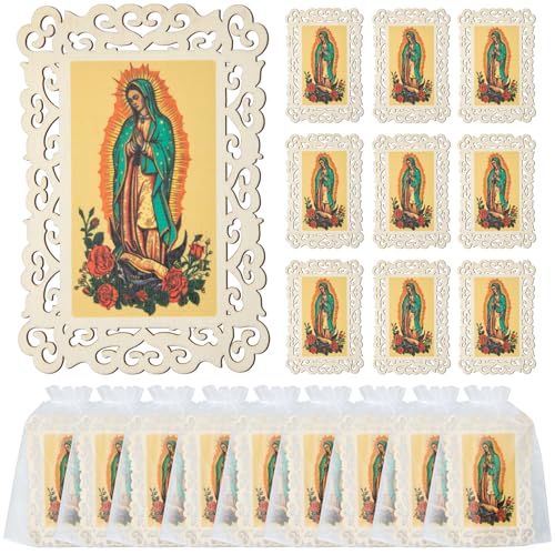 32 Pcs Our Lady of Guadalupe Wooden Picture Frames with Cross and Organza Gift Bags, Baptism Favors for Guests, First Communion, Christening, Memorial Catholic Gifts, Religious Decorations for Home or Church (Our Lady of Guadalupe)