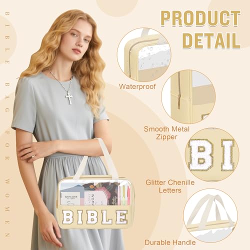 Chenille Letter Bible Bag Cover Case for Women,Preppy Bible Study Supplies Church Bag Purse Bible Accessories with Handle Zipper,Waterpoof Travel Makeup Bag Christmas Christian Gifts(BIBLE-Beige) - color: BIBLE-Beige