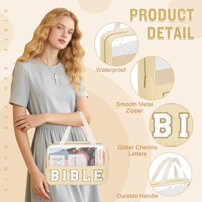 Chenille Letter Bible Bag Cover Case for Women,Preppy Bible Study Supplies Church Bag Purse Bible Accessories with Handle Zipper,Waterpoof Travel Makeup Bag Christmas Christian Gifts(BIBLE-Beige) - color: BIBLE-Beige