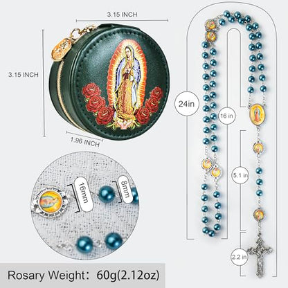 8mm Glass Pearl Catholic Rosary Necklace - Our Lady of Guadalupe Rosary Beads with Prayer Box, First Communion & Baptism Gift for Women and Men (La Rosa de Guadalupe) - color: Green