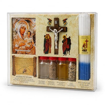 Holy Land Blessing for the Home Gift Set - Jerusalem Icon, Crucifix, Altar Candles, Sacred Soil, Water, Olive Oil & Incense (Our Lady of Jerusalem)