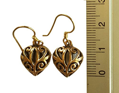 Real Bronze Puffy Filigree Heart Drop Dangle Earrings Fish Hook Bronze Jewelry Gifts