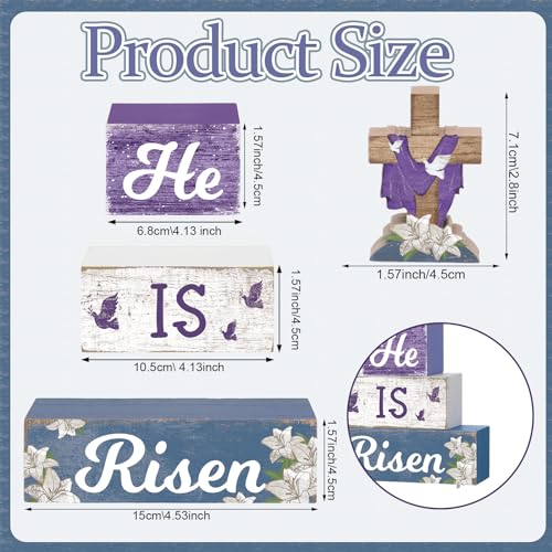 4 Pcs Easter Table Decorations He Is Risen Wooden Table Sign Religious Wood Centerpiece Easter Cross Blocks Farmhouse Tiered Tray Decor for Home Kitchen Shelf Decor(Cross) - style: Cross