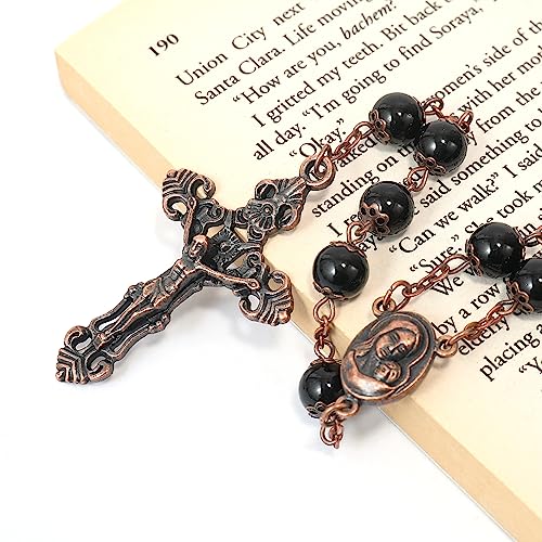 Nazareth Store Natural Stone Beads 8mm Rosary Necklace Antique Copper Design Holy Soil Medal & Cross in Velvet Bag - Catholic Rosaries Terra Santa Jerusalem Collection - color: Black Obsidian