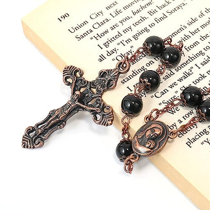 Nazareth Store Natural Stone Beads 8mm Rosary Necklace Antique Copper Design Holy Soil Medal & Cross in Velvet Bag - Catholic Rosaries Terra Santa Jerusalem Collection - color: Black Obsidian