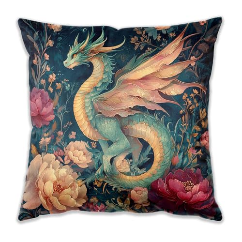Fantasy Floral Dragon Pillow Cover 18x18, Dragon Nursery Room Decor, Whimsical Magical Fairytale Creature Animal Decorative Throw Pillow Cover for Home Bedroom Living Room Sofa Couch - color: 17 Color