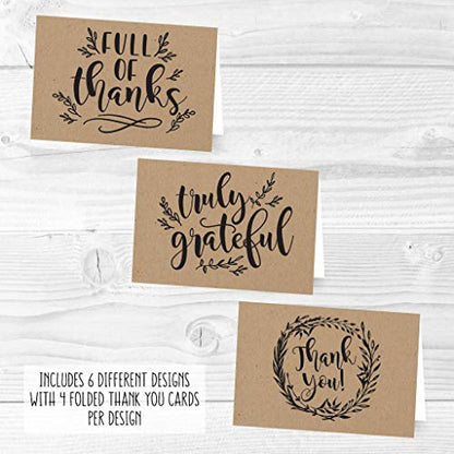 24 Bulk Thank You Cards with Envelopes Blank Cute Thank You Notes - color: Kraft Black 24 pcs