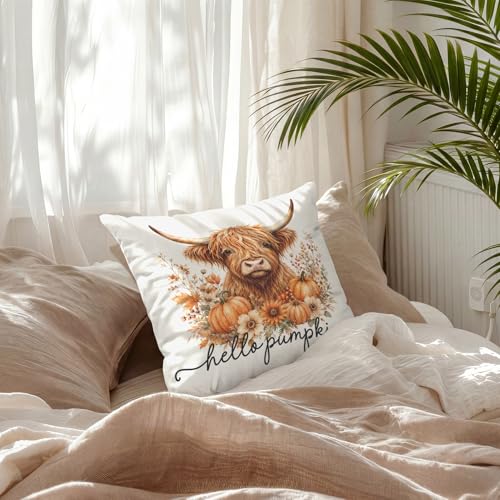 Hello Pumpkin Fall Highland Cow Floral Throw Pillow Covers 18x18 - color: Cow