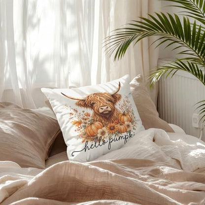 Hello Pumpkin Fall Highland Cow Floral Throw Pillow Covers 18x18 - color: Cow