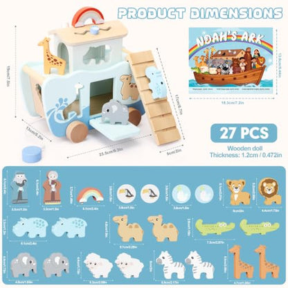 Hoarosall 27PCS Wooden Noah's Ark Montessori Toys for 1 Year Old Baby Boys Girls Christian Toys for Toddlers 1-3 Ideal Baptism Christmas & 1st Birthday Gifts - color: Blue