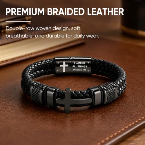 Christian Cross Bracelet Gift for Men, Double-Row Braided Leather Bracelet - color: PHILIPPIANS 4:13, size: Fits Wrist 7.1-7.5 Inches