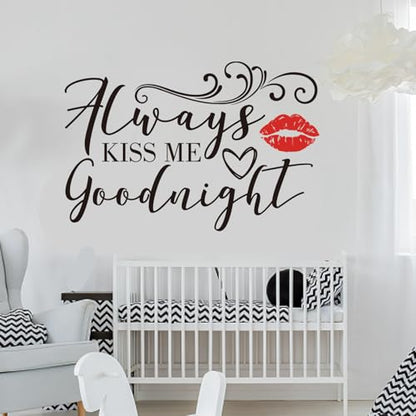 PLIGREAT 2 Sheets Romantic Red Lip Wall Sticker Always Kiss Me Goodnight Quotes Wall Decals Love Art Letters Removable Stickers for Bedroom Living Room Bathroom Decor Couples Home Decor - style: Kiss Me Goodnight