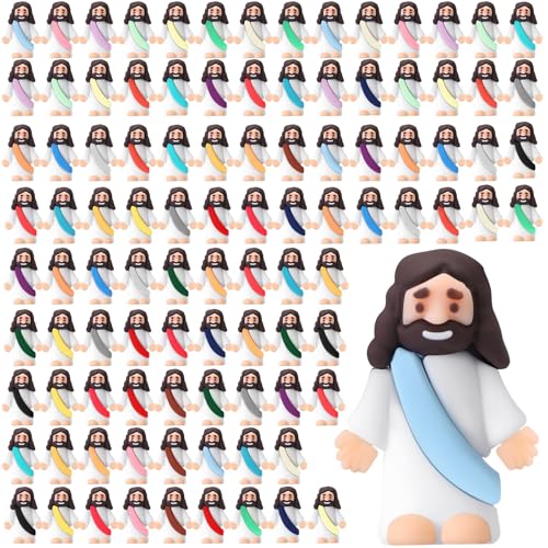 Bememo 100 Pcs Jesus Toys Original Design Mini Rubber Little Jesus Figurine to Hide and Seek Religious Party Favors Sunday School Craft Baptism Gifts for Easter Egg Stuffers (Colorful) - color: Colorful