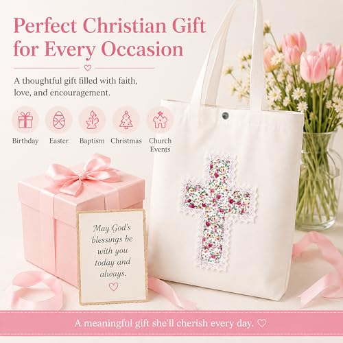 Christian Tote Bag Gift for Women, Canvas Bible Bag Handmade Floral Cross - color: White-pink Rose Garden