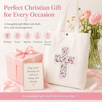 Christian Tote Bag Gift for Women, Canvas Bible Bag Handmade Floral Cross - color: White-pink Rose Garden
