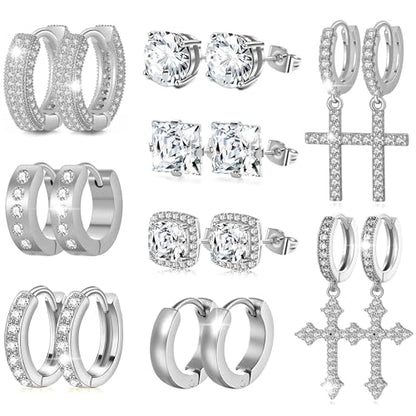 FEYIR 9 Pairs Earrings for Men Stainless Steel Small Hoop Earrings Hypoallergenic CZ Cross Dangle Earrings Cubic Zirconia Stud Earrings Huggie Men's Earrings Set - color: Silver