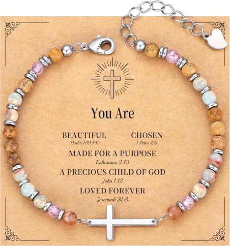 Cross Bracelet for Women, Christian Gifts for Women 2026 Stocking Stuffers for Teens Her Bead Bracelet Adjustable Gemstone Faith Religious Confirmation Communion Bracelet for Best Friend Mom Faith Birthday Anniversary Jewelry - color: Colorful-You are bea