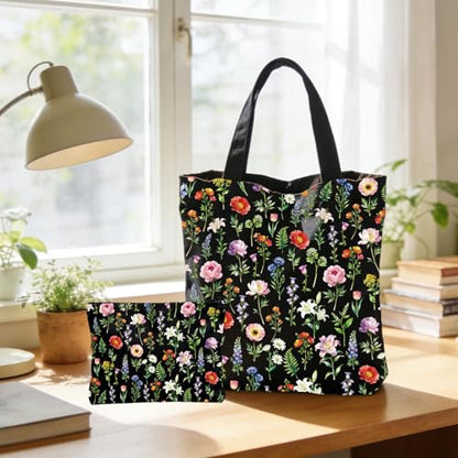 2 Pack Canvas Tote Bag with Makeup Zipper Pouch Colorful Polyester Printed Reusable Shopping Bags for Women - style: Black Flower