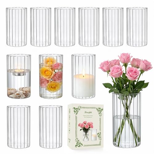 12 pcs Ribbed Glass Cylinder,6 inch Flower Vases for Centerpieces - size: Ribbed-12PCS