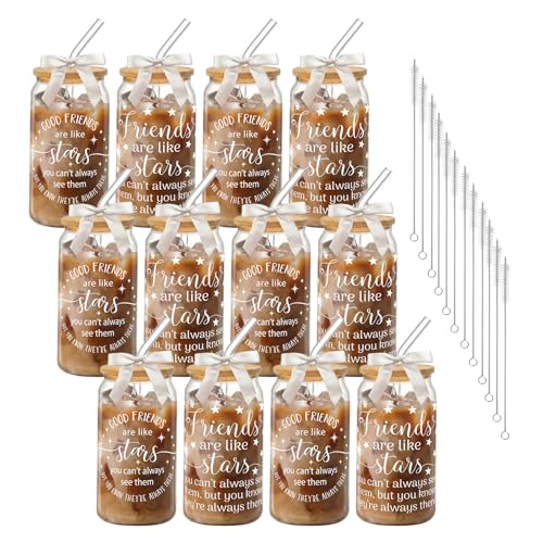 Drinking Cups with Lids, 12Pack, Glass, 16oz, Iced Coffee, Star - style: 12Pcs Friendship
