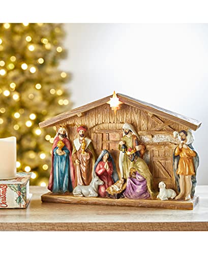 Glitzhome Lighted Resin Nativity Figurines House Countertop Christmas Ornaments Nativity Scene Figure Tabletop Crafts Statue Miniatures Xmas Collectibles Baby Jesus Gifts for Home Shelf Decor 12.5" - size: 12.5 x 8.5 Inches
