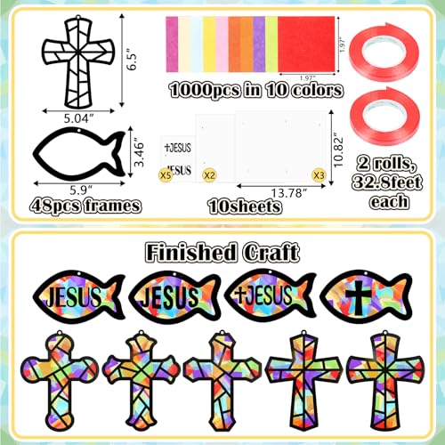 Renbuzhu 48PCS Sunday School VBS Crafts Bulk: Paper Cross Fish Nativity Suncatchers, Jesus Religious Christian Activity DIY Kits Church Decorations, Window Stained Glass Effect Art Supplies - style: jesus fish and cross