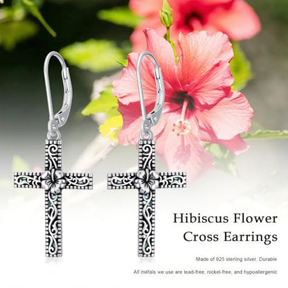 925 Sterling Silver Sunflower/Rose/Plumeria/Hibiscus/Mushroom Cross Earrings for Women Hawaiian Flower/Butterfly Cross Dangle Drop Earrings Jewelry Faith Christian Gift for Her Daughter Wife Girlfriend - style: Hibiscus