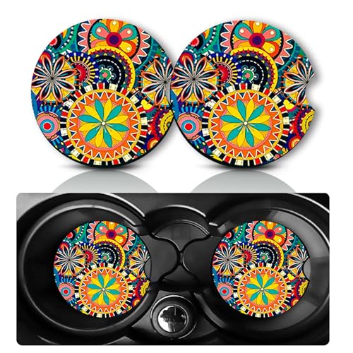 2Pcs Mandala Car Coasters,2.75" Neoprene Rubber Car Cup Holder Coasters - color: Boho - Round