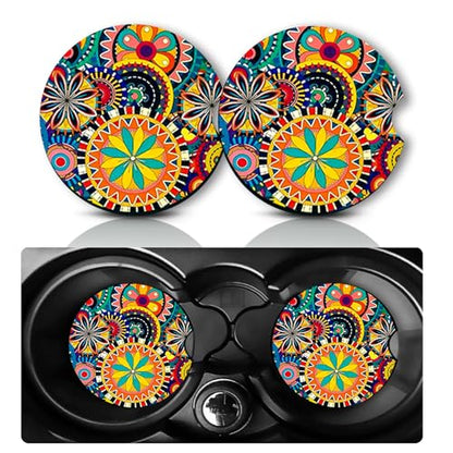 2Pcs Mandala Car Coasters,2.75" Neoprene Rubber Car Cup Holder Coasters - color: Boho - Round