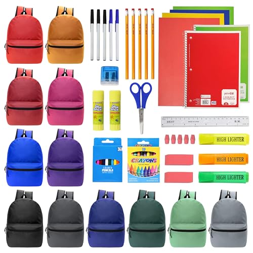 Moda West 12 Pack 17" Bulk Wholesale Backpacks with 52 Piece School Supplies Kits, 12 Colors - color: 12 Colors Asst, size: 52 Piece SS Kit