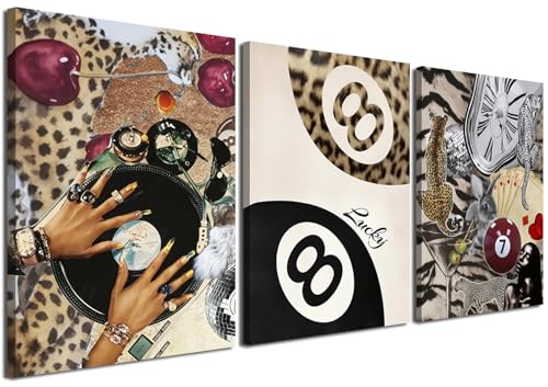 Fashion Cheetah Wall Art Set of 3 Leopard Wall Decor Pictures Lucky 8 Ball Poster Canvas Painting Prints Dark Red Cheetah Artwork for Bedroom Living Room Framed 16x24 inch - color: Canvas Framed Leopard Style 1, size: 16x24 inch