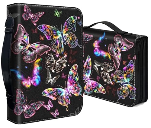 Bible Cover for Women Large PU Leather Zippered Bible Case with Handle and Glowing Purple Butterfly Design, Christian Bible Cover for Girls & Women, Cover Fits Standard 9.5"x7.5"x2.3" Bible - color: Glowing Purple Butterfly