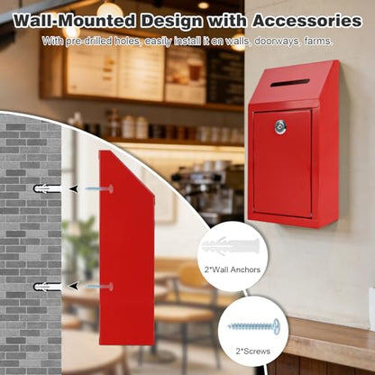 KYODOLED Cash Box for Farm Stand, Money Drop Box with Lock & Slot, Red - color: Red, size: 10.24 x 5.7 x 2.95 Inch