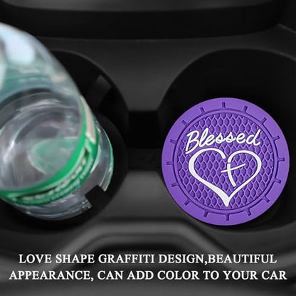 KVAEY 2 PCS Car Cup Holder Coasters, 2.76 Inch Anti Slip Vehicle Drink Mats with Cute Blessed Cross and Heart, Shockproof, Universal Car Accessories (Purple, 4 PCS) - color: Purple, size: 4 PCS