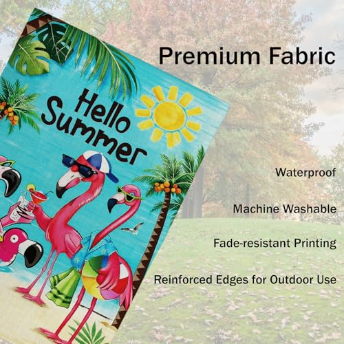 Hello Sunshine Flamingo Garden Flag Double Sided Burlap 12x18in - color: Blue Sunshine