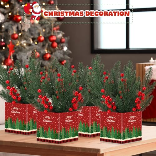 Zeyune 4 Set Christmas Centerpiece for Table Bulk, 4.7 Inch Xmas Centerpiece Decoration Ideal with Artificial Pine Branches and Red Berries Stems for Xmas Party Indoor Home Decor(Christmas Tree) - style: Stylish