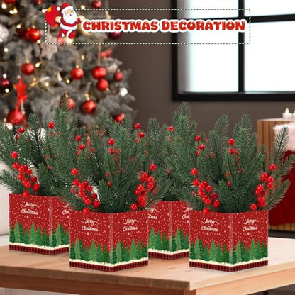 Zeyune 4 Set Christmas Centerpiece for Table Bulk, 4.7 Inch Xmas Centerpiece Decoration Ideal with Artificial Pine Branches and Red Berries Stems for Xmas Party Indoor Home Decor(Christmas Tree) - style: Stylish