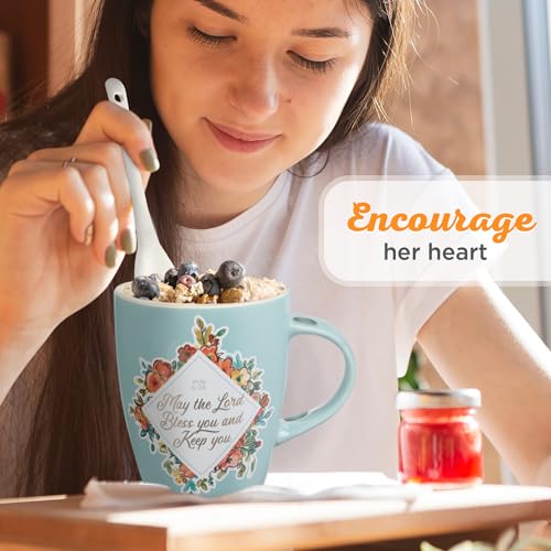 Christian Art Gifts Scripture Coffee and Tea Mug with Ceramic Spoon Set - color: Bless You/Teal