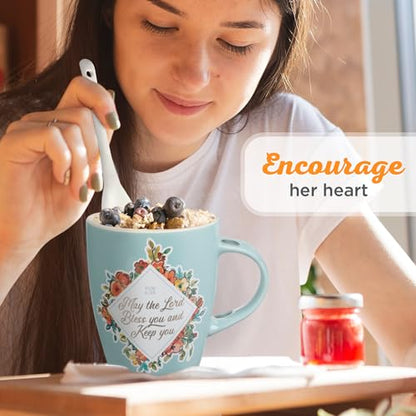 Christian Art Gifts Scripture Coffee and Tea Mug with Ceramic Spoon Set - color: Bless You/Teal