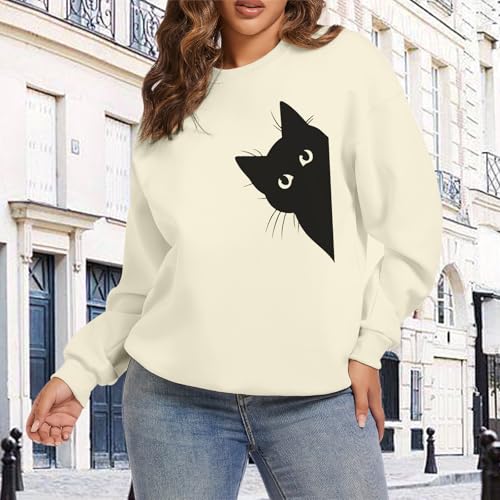 Cat Sweatshirts for Women Graphic Print Sweatshirt Funny Long Sleeve Shirt Cute Pullover Lightweight Hoodie Tops - color: Apricot, size: Small